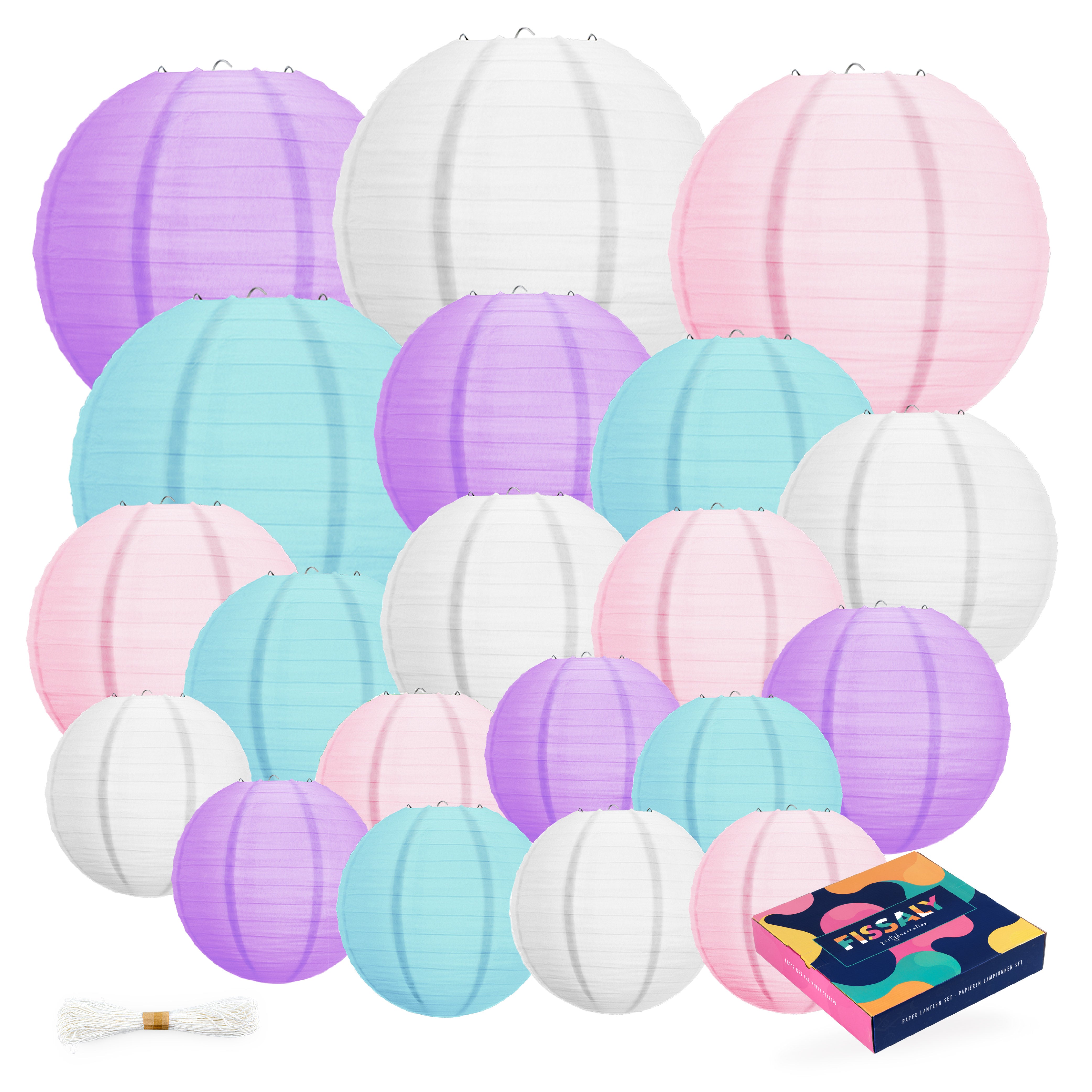 20 Stuks Lampionnen Set Versiering Paars, Lichtblauw, Roze & Wit