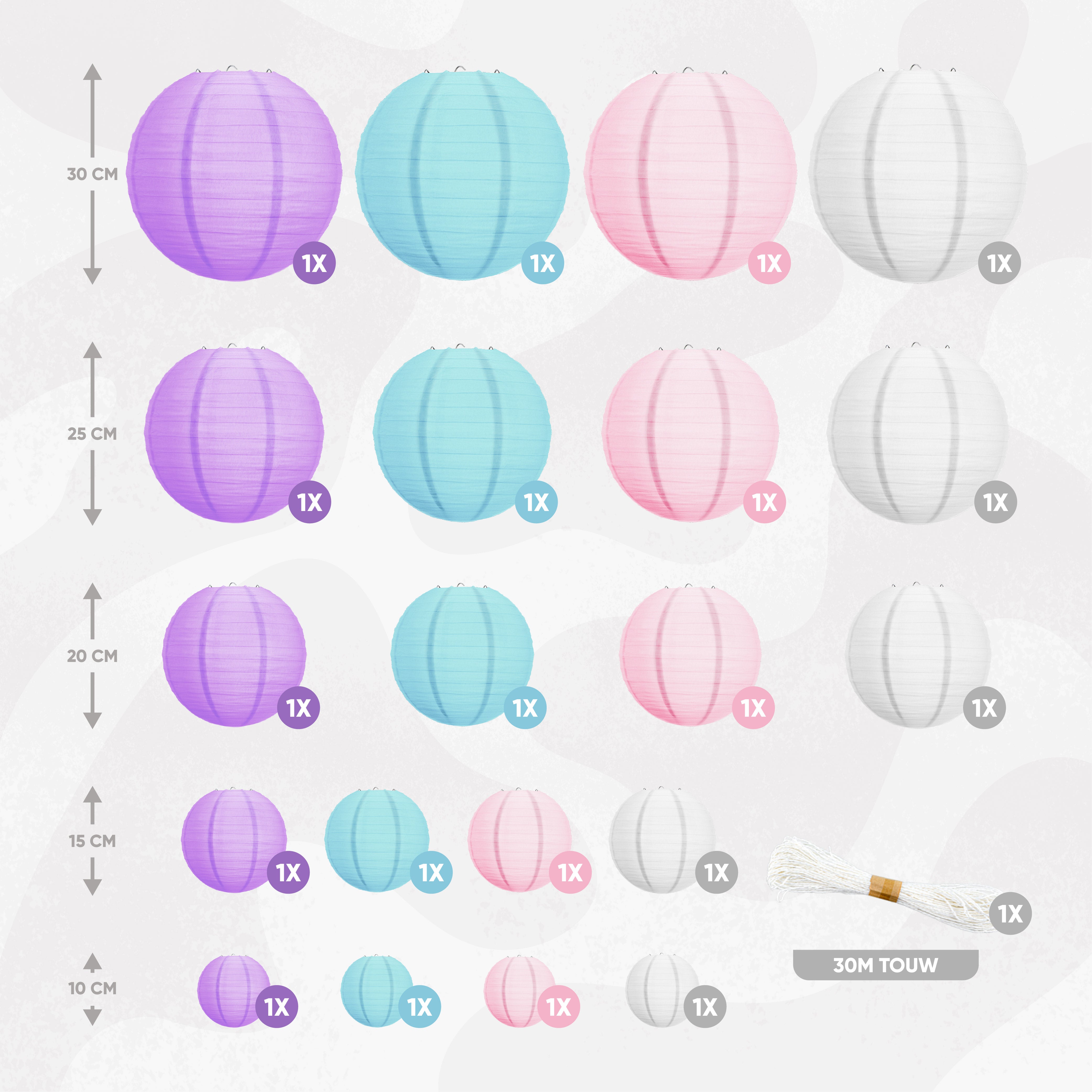 20 Stuks Lampionnen Set Versiering Paars, Lichtblauw, Roze & Wit