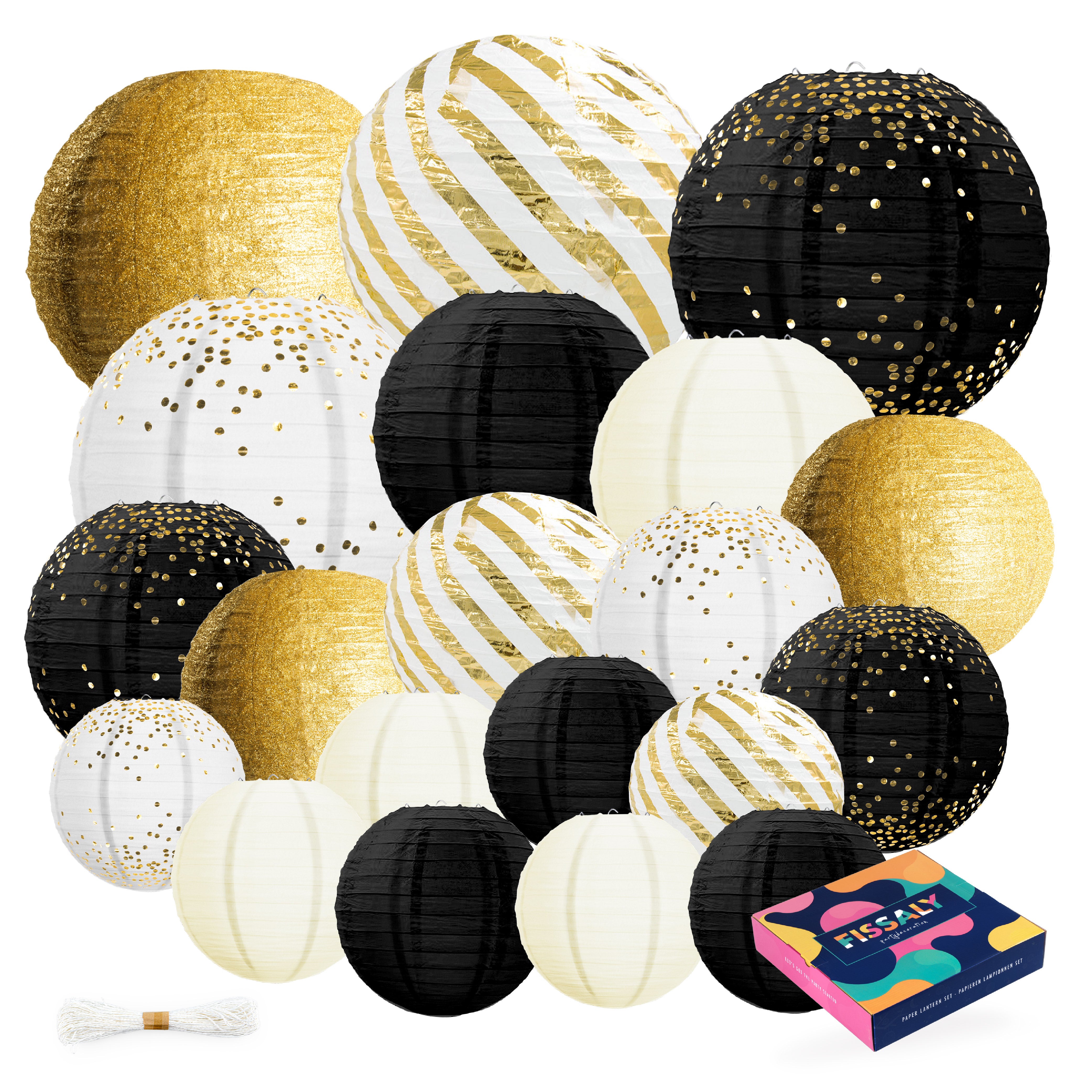 20 Stuks Lampionnen Set Versiering Zwart & Goud