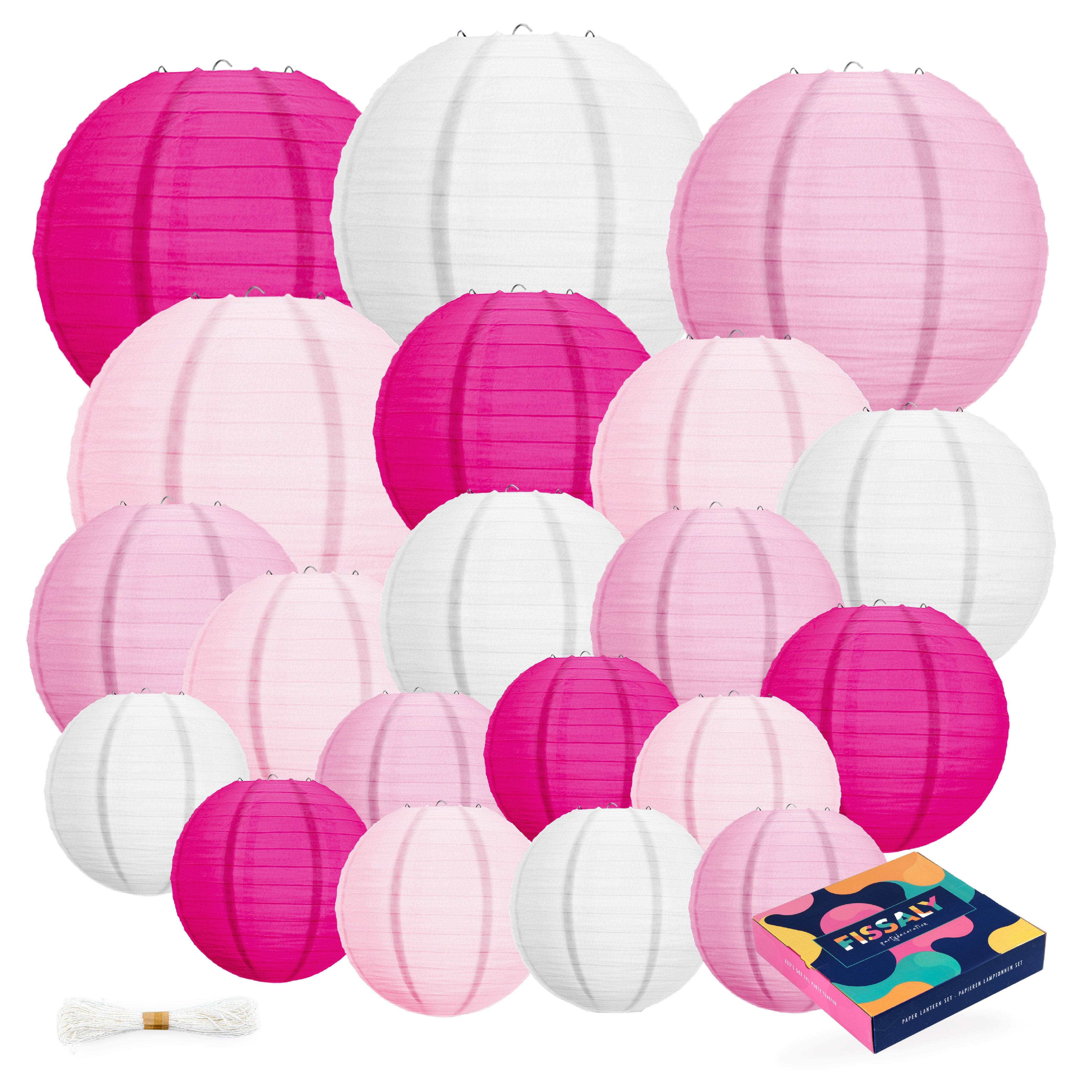 20 Stuks Lampionnen Set Versiering Roze & Wit