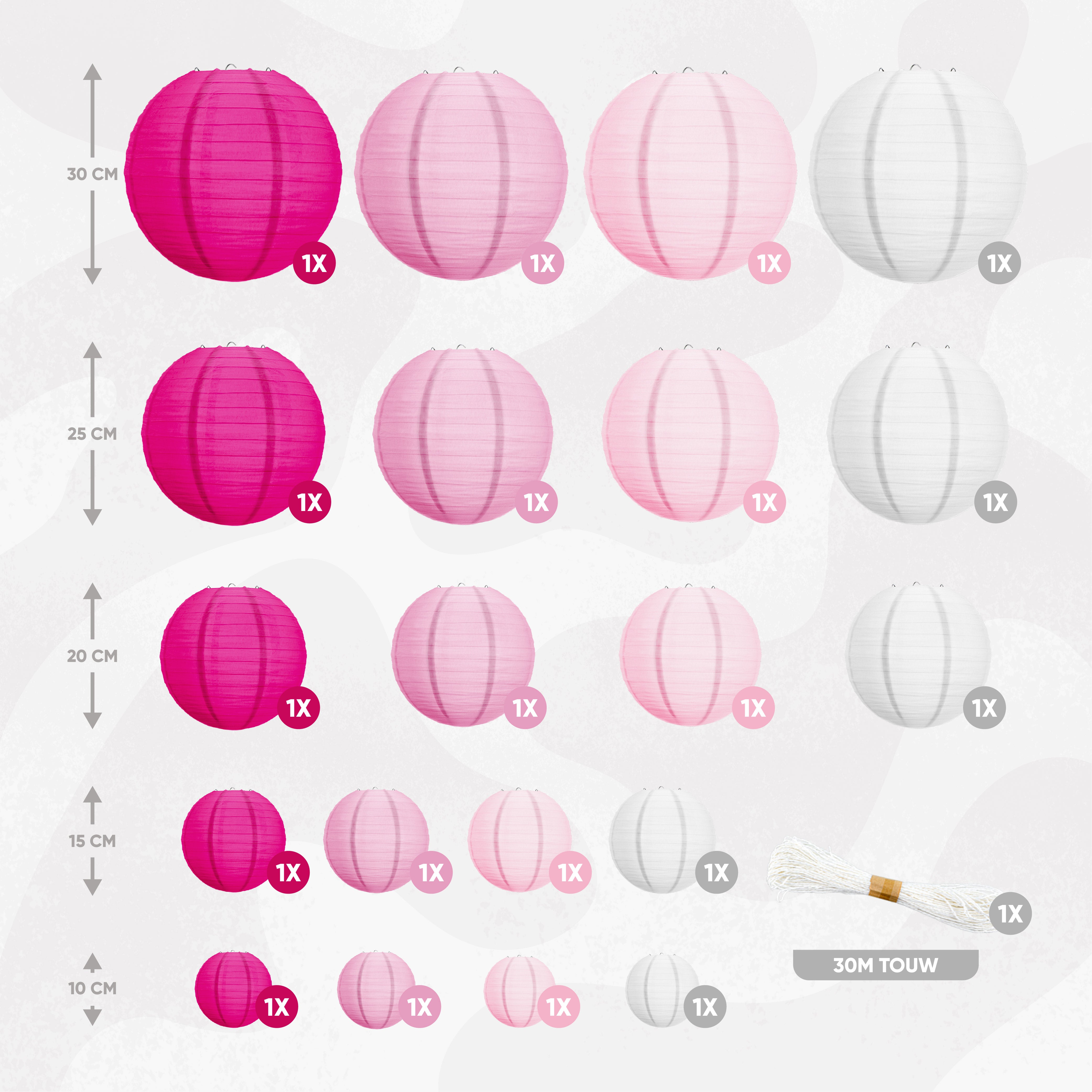 20 Stuks Lampionnen Set Versiering Roze & Wit