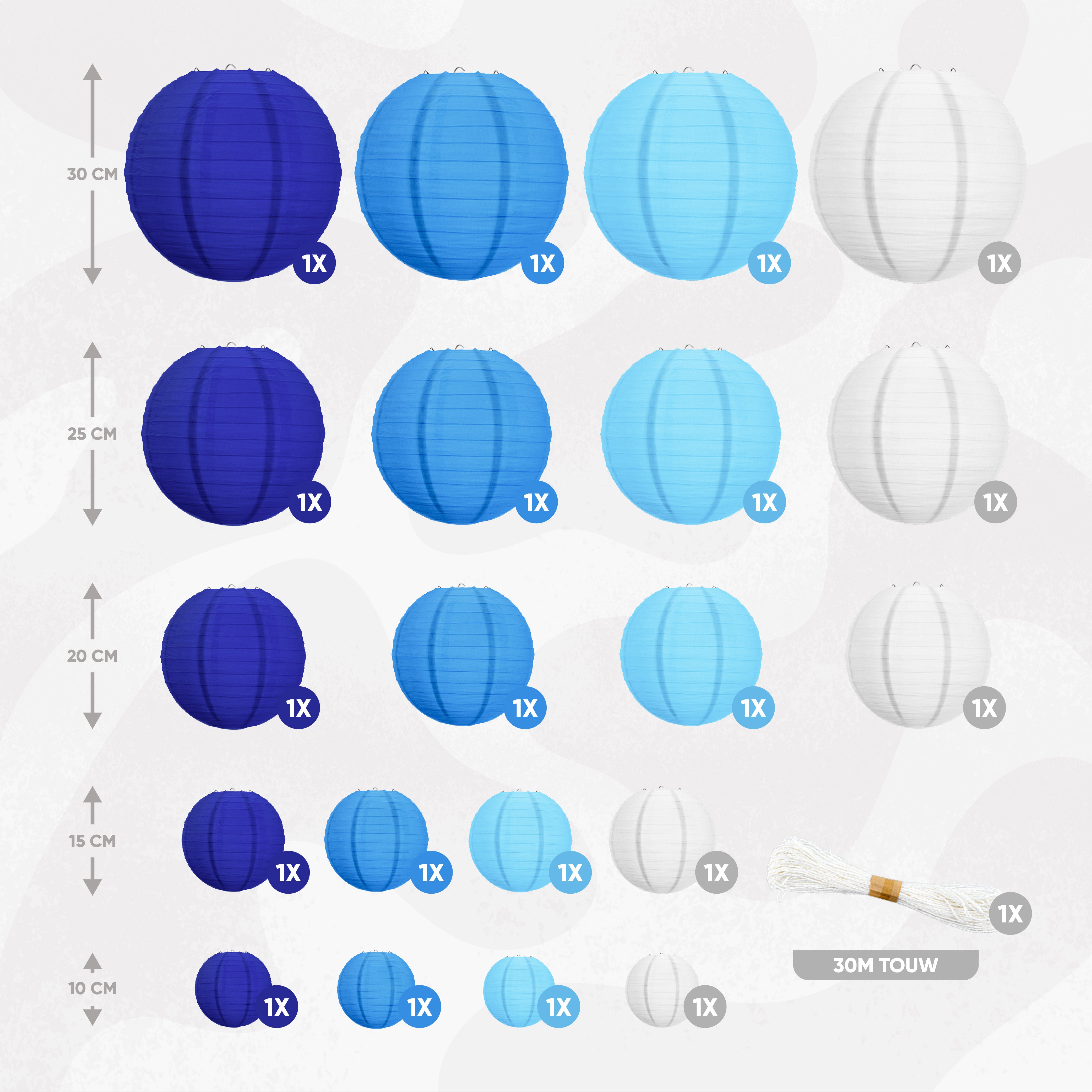 20 Stuks Lampionnen Set Versiering Blauw & Wit