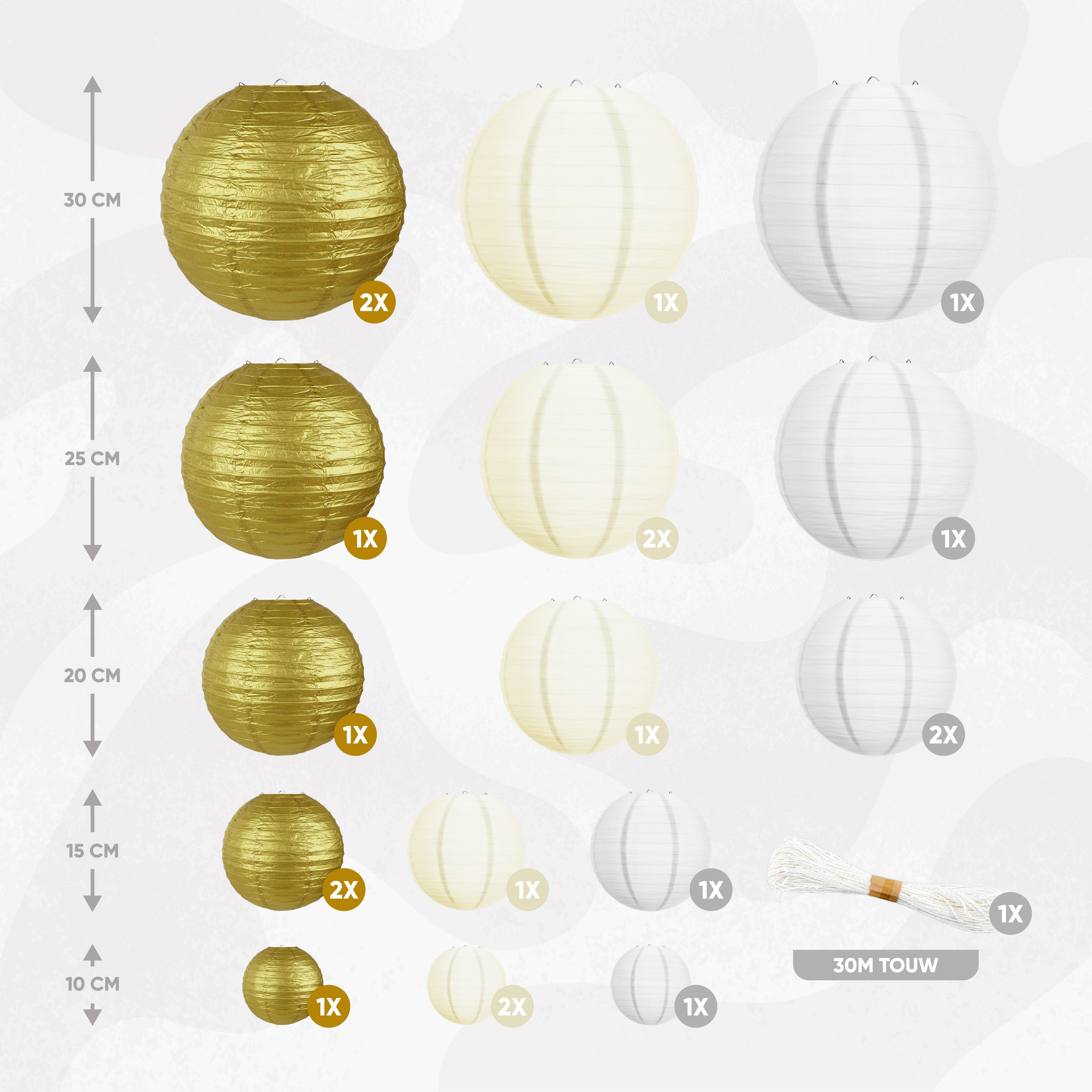 20 Stuks Lampionnen Set Versiering Goud, Beige & Wit