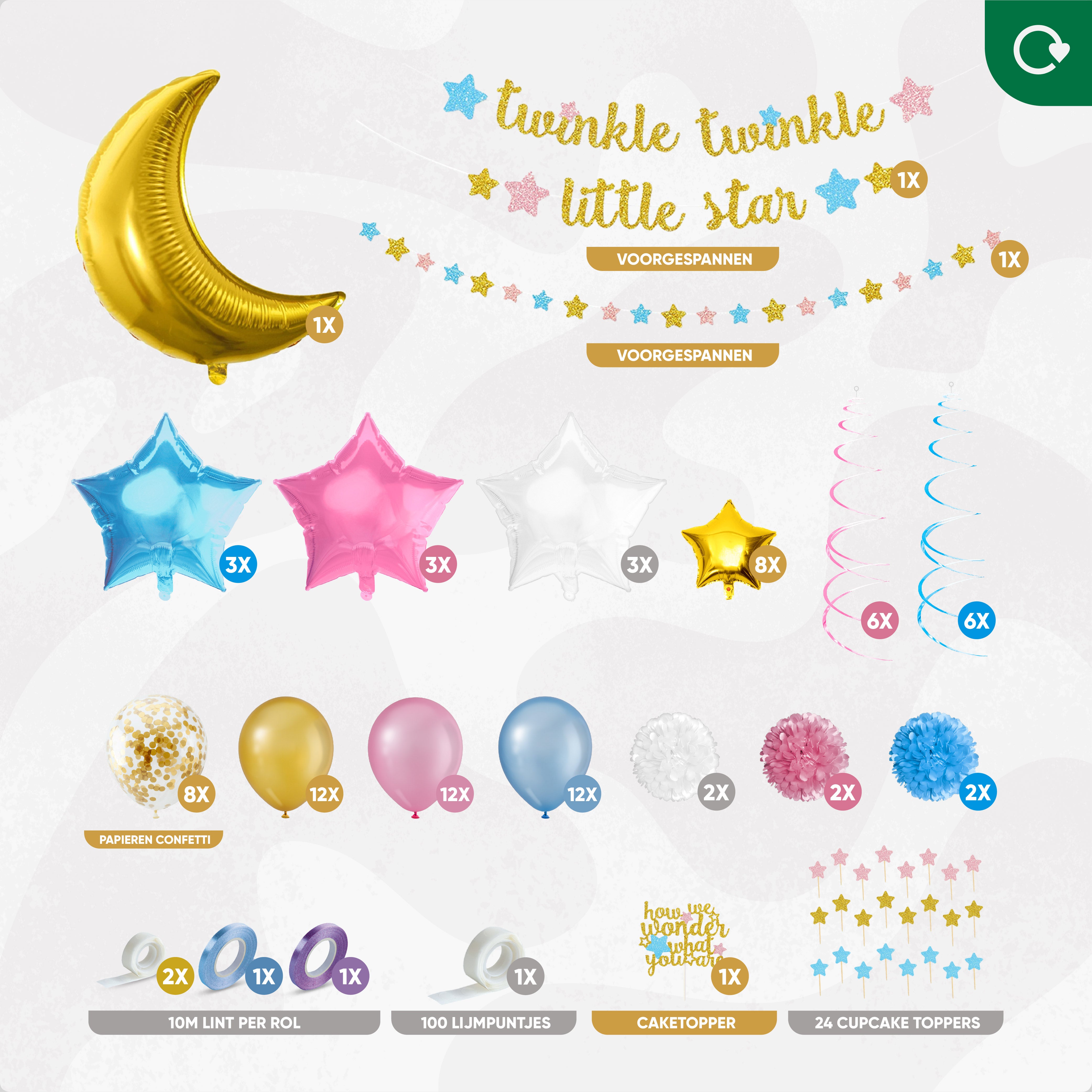 Twinkle Twinkle Little Star Gender Reveal Feestpakket Roze, Blauw, Wit & Goud