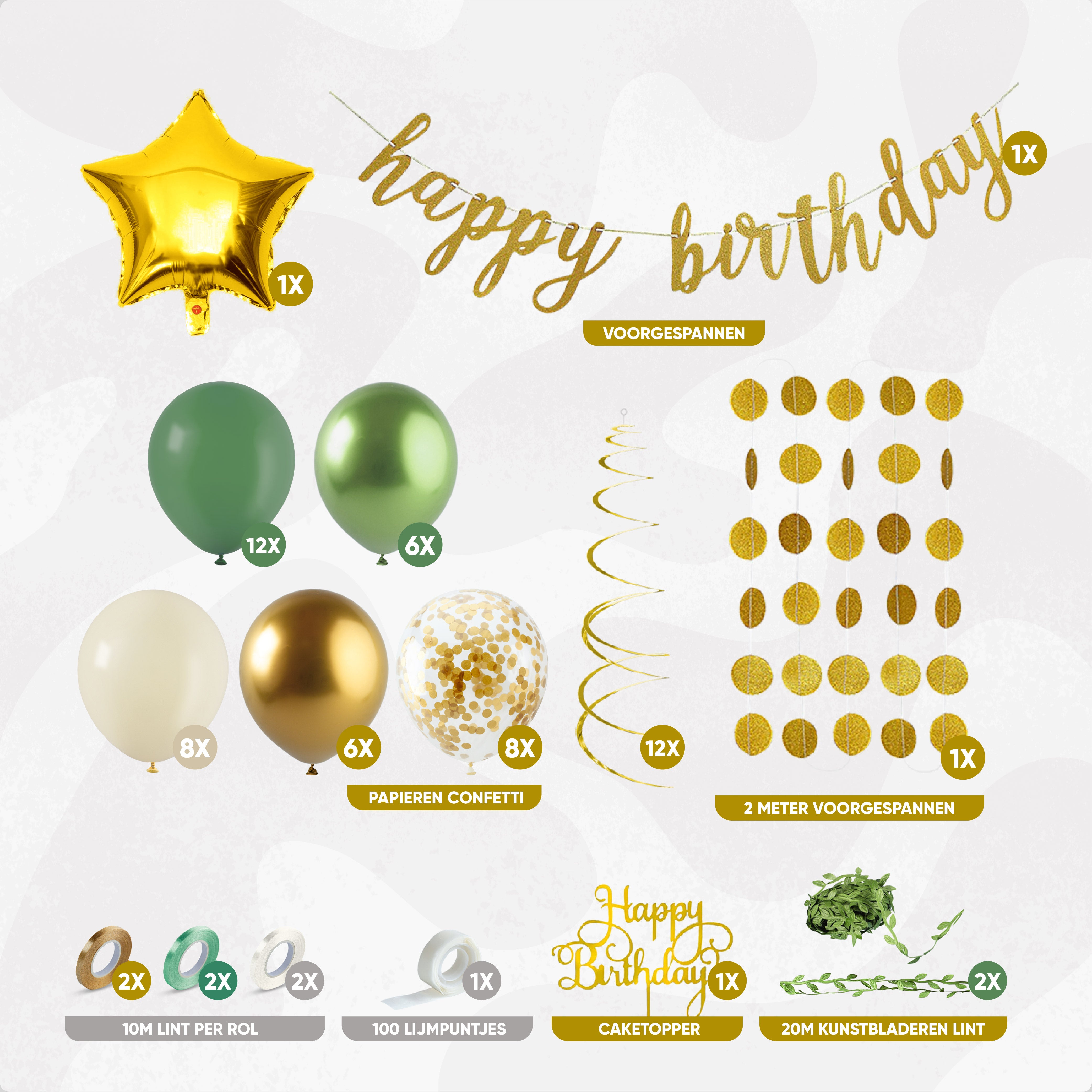 Happy Birthday Verjaardag Feestpakket Groen, Goud & Beige