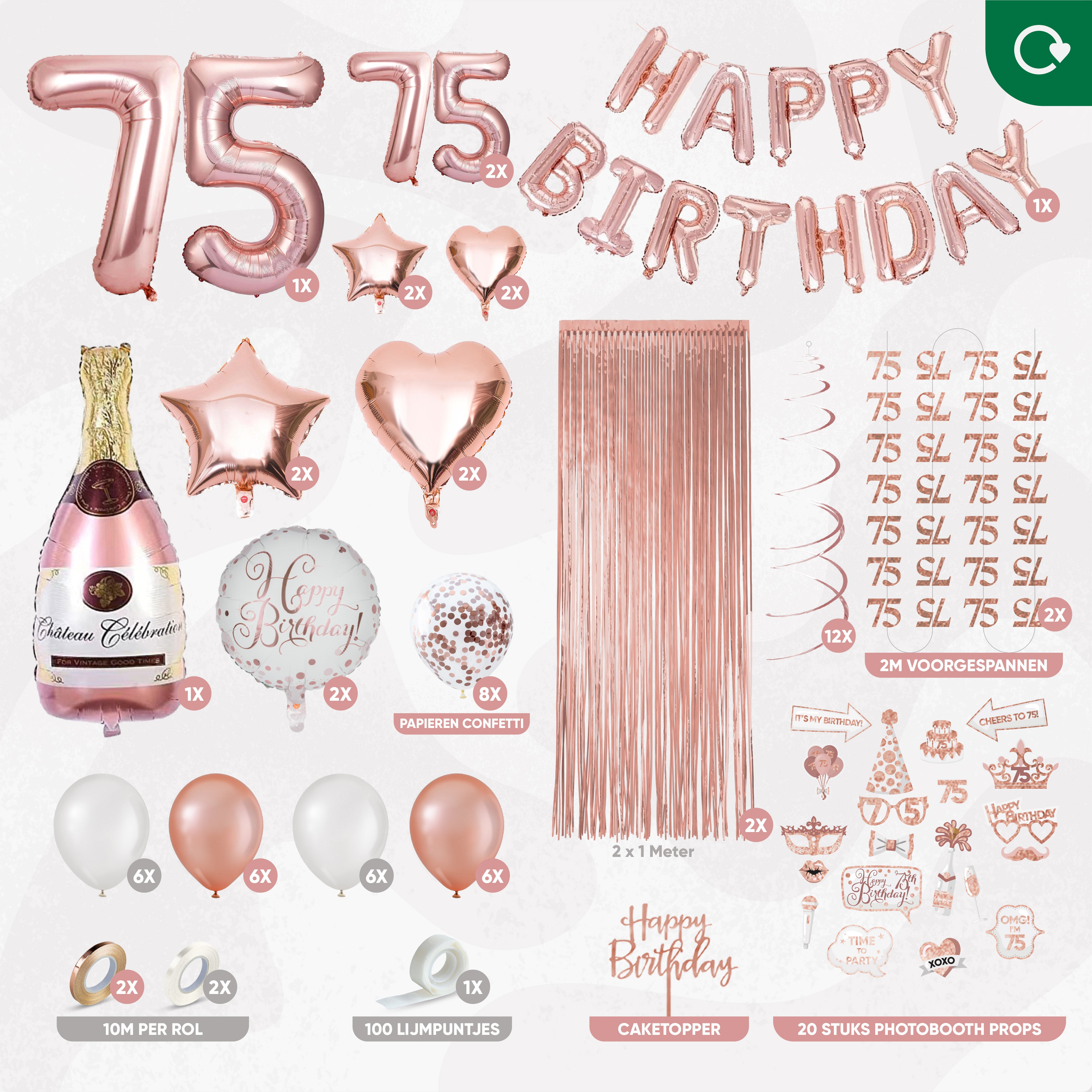 75 Jaar Leeftijd Feestpakket Rose Goud & Wit