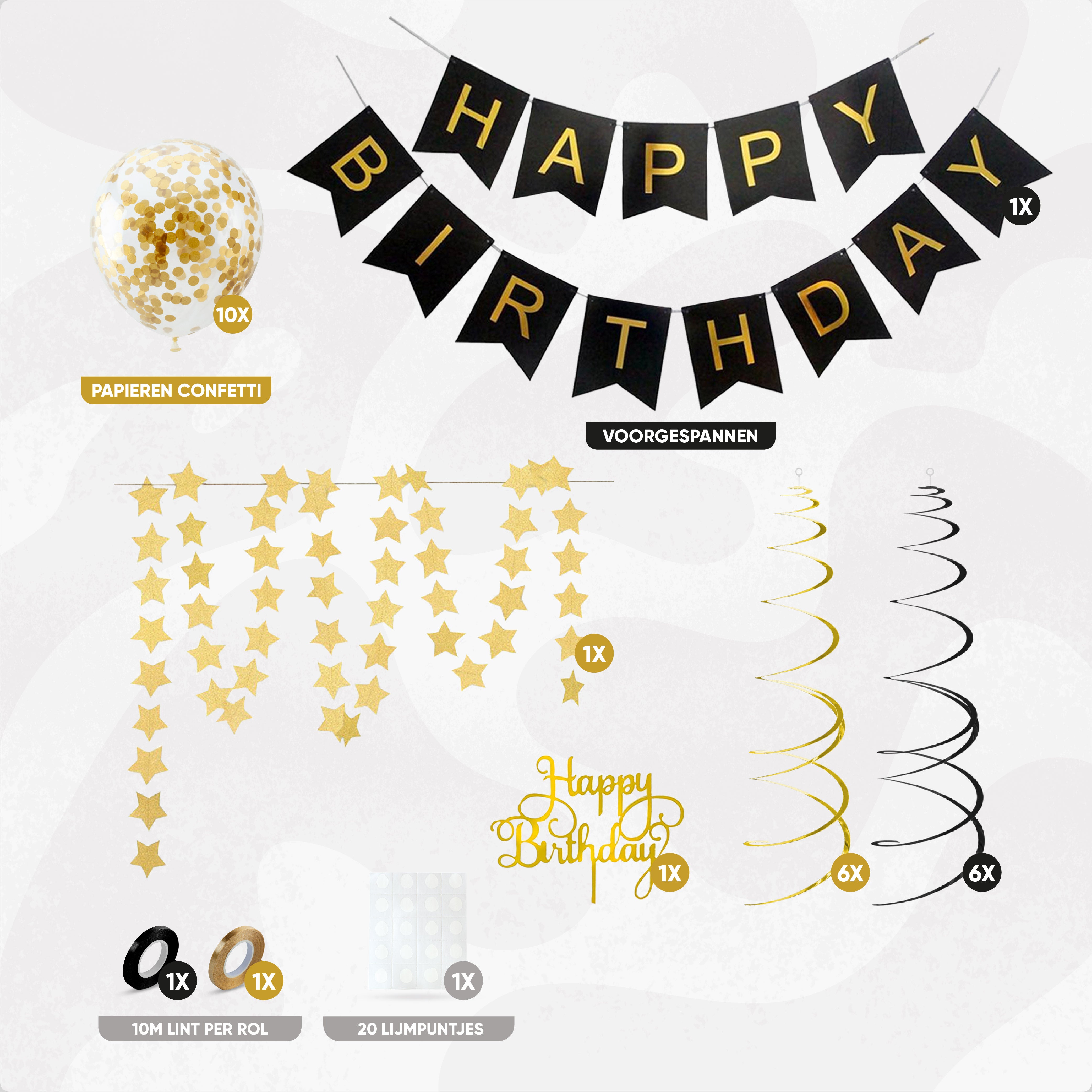 Happy birthday Verjaardag Slinger & Ballonnen Zwart & Goud