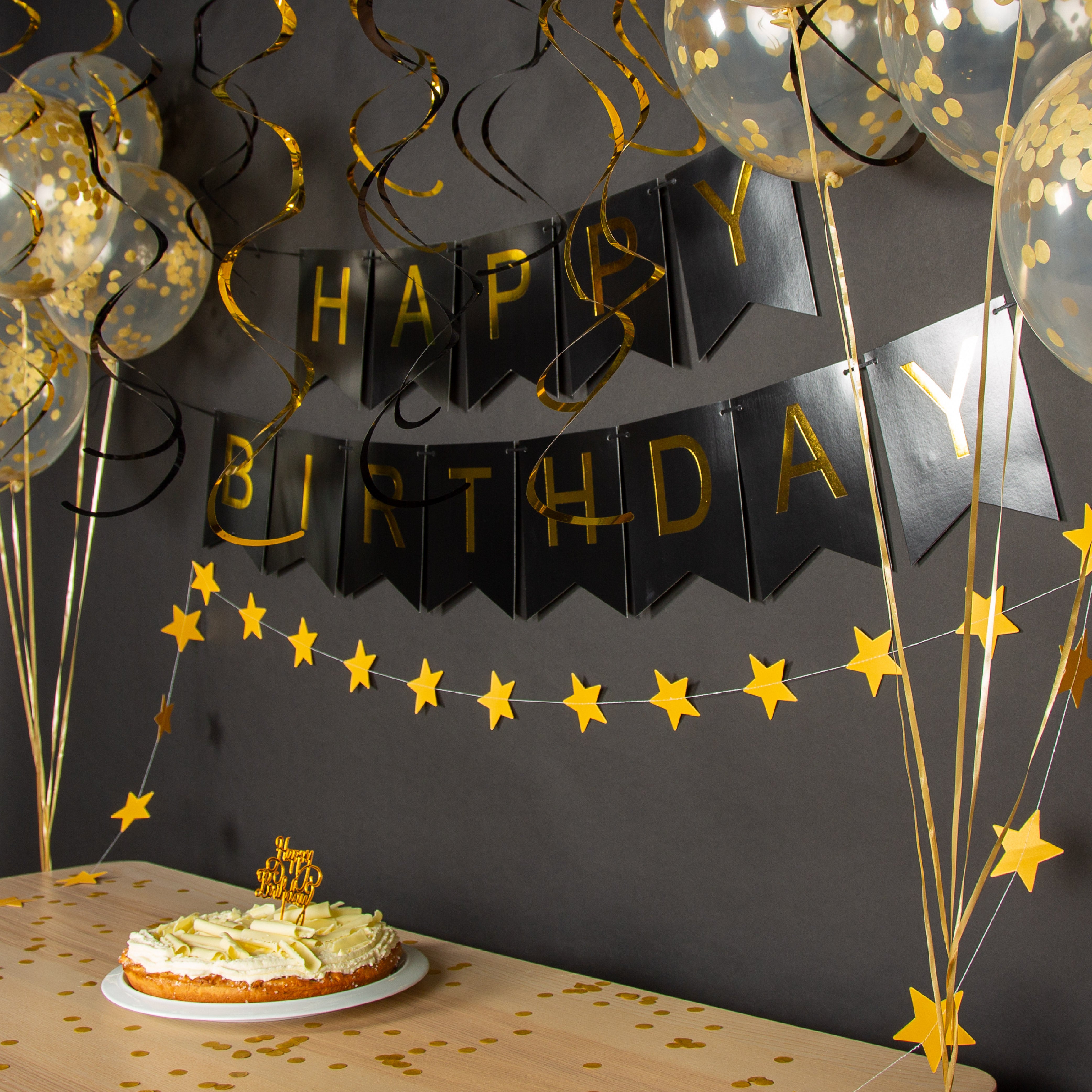 Happy birthday Verjaardag Slinger & Ballonnen Zwart & Goud