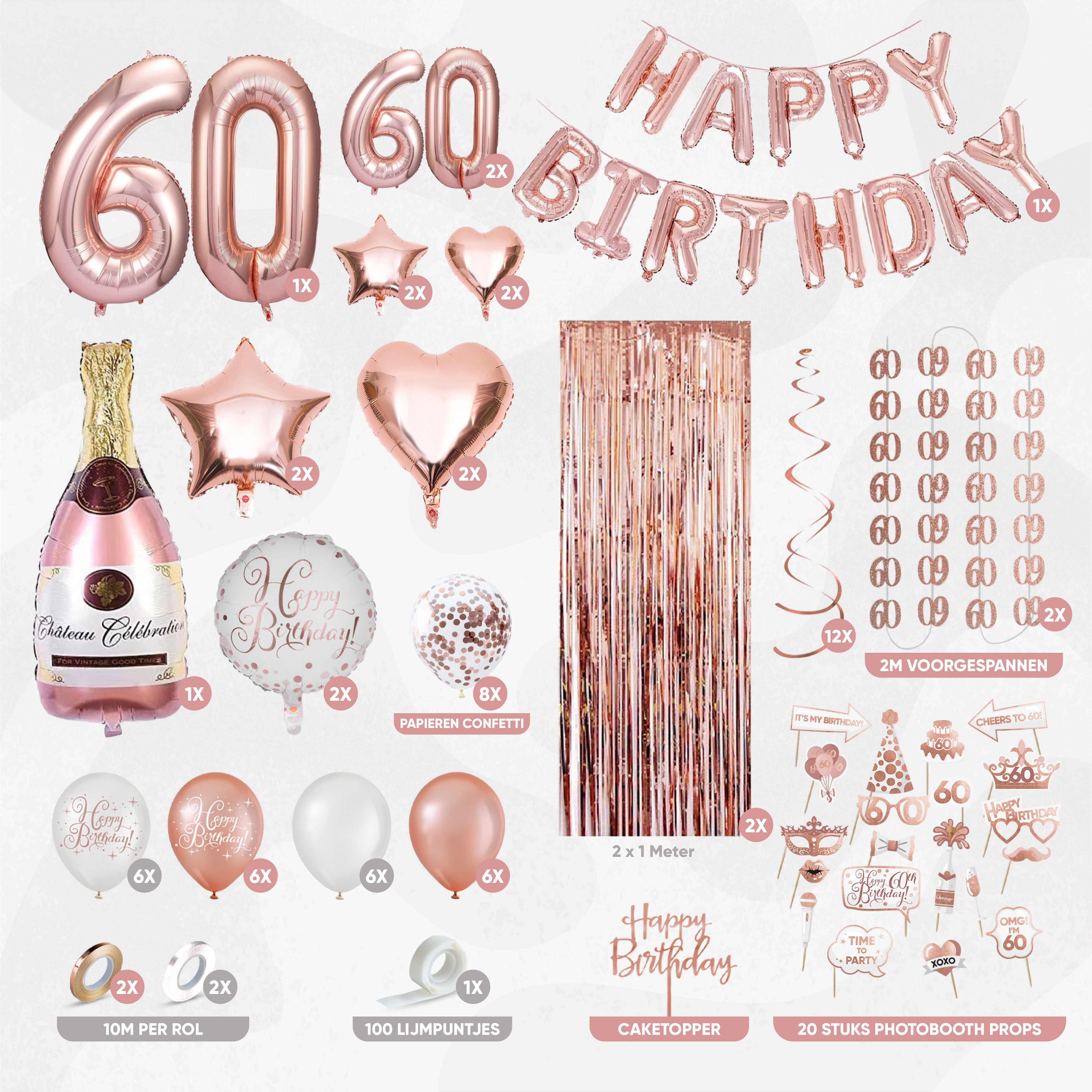 60 Jaar Leeftijd Feestpakket Rose Goud & Wit