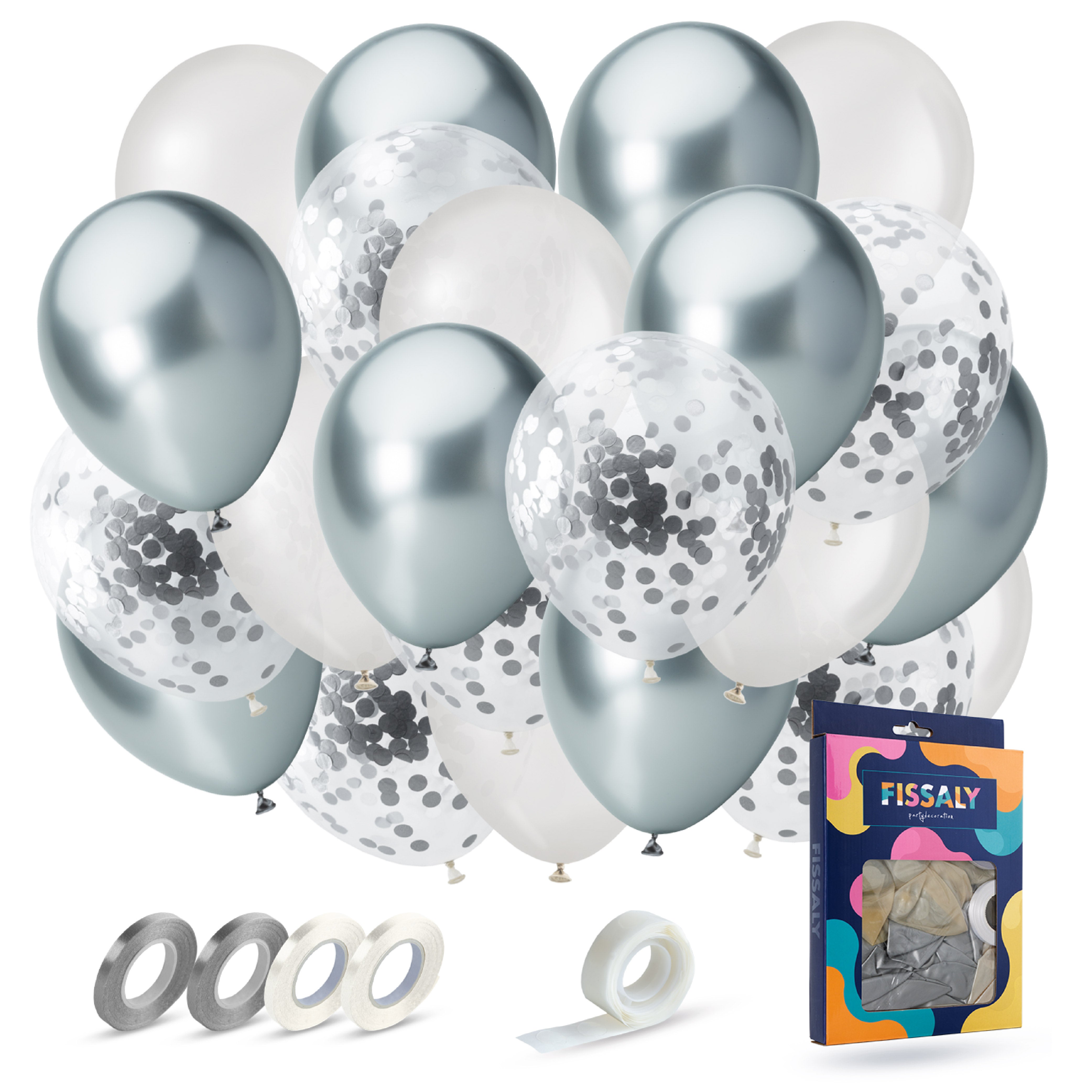 40 Stuks Zilver, Wit & Zilveren Confetti Ballonnen