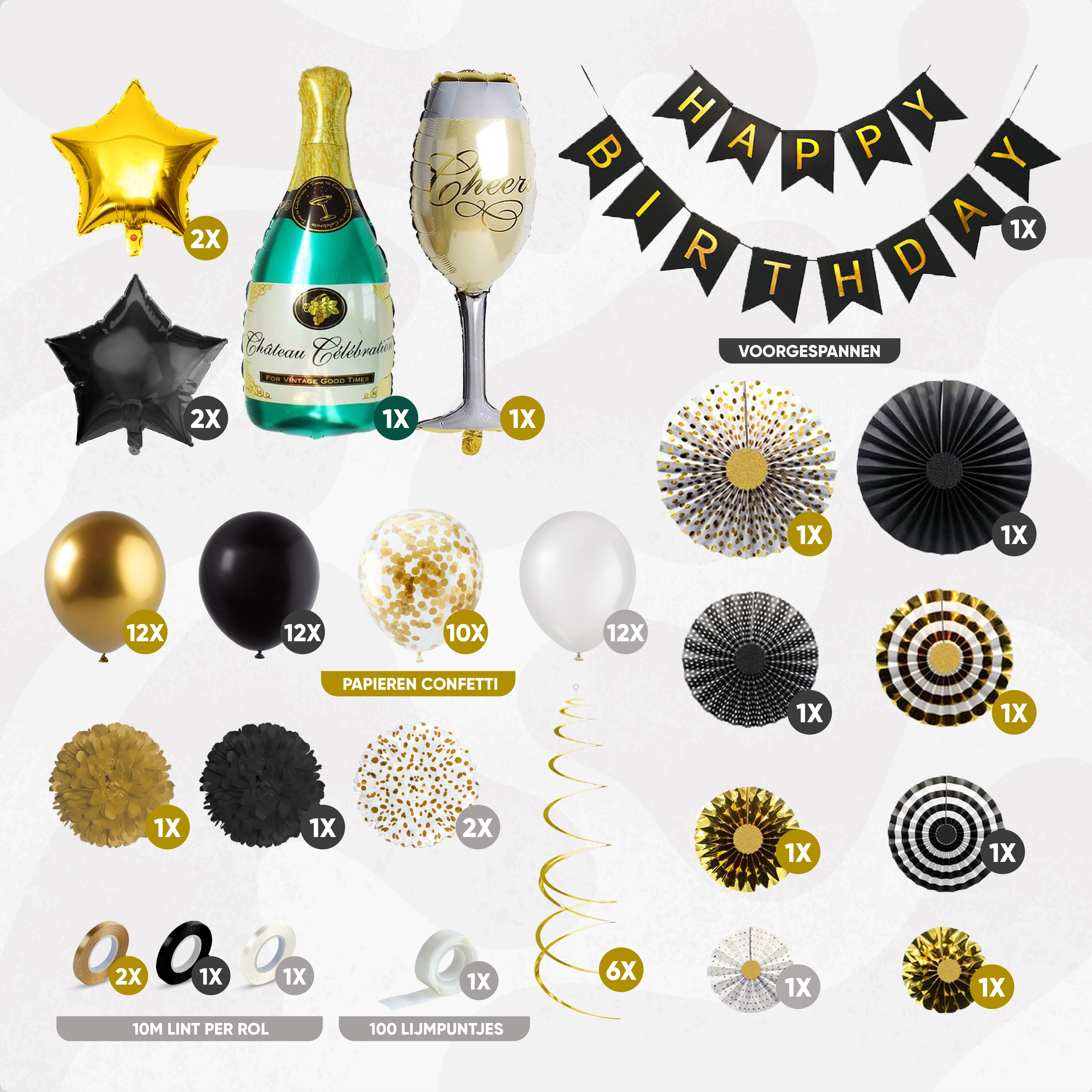 Happy Birthday Champagne Verjaardag Feestpakket Zwart, Goud & Wit