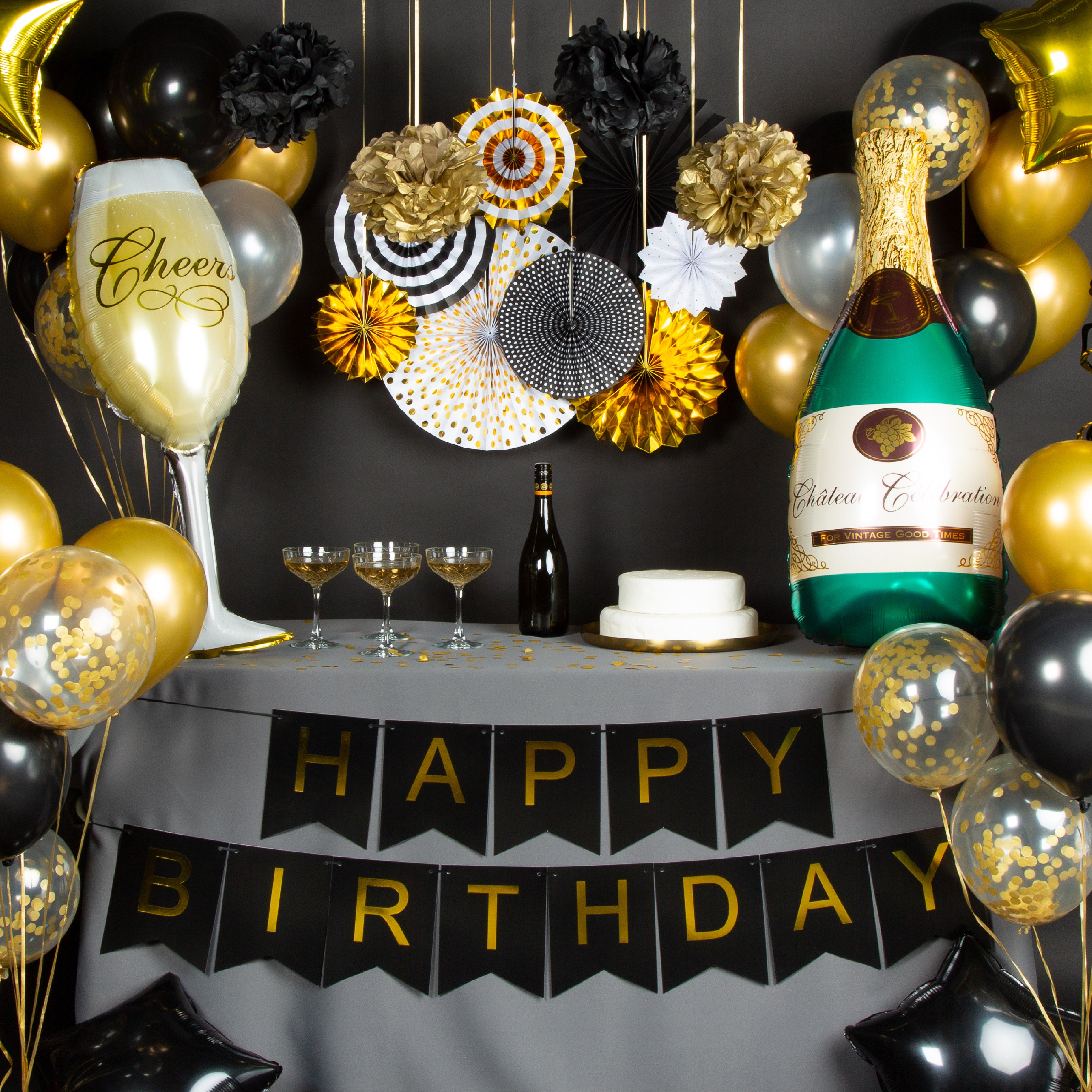 Happy Birthday Champagne Verjaardag Feestpakket Zwart, Goud & Wit