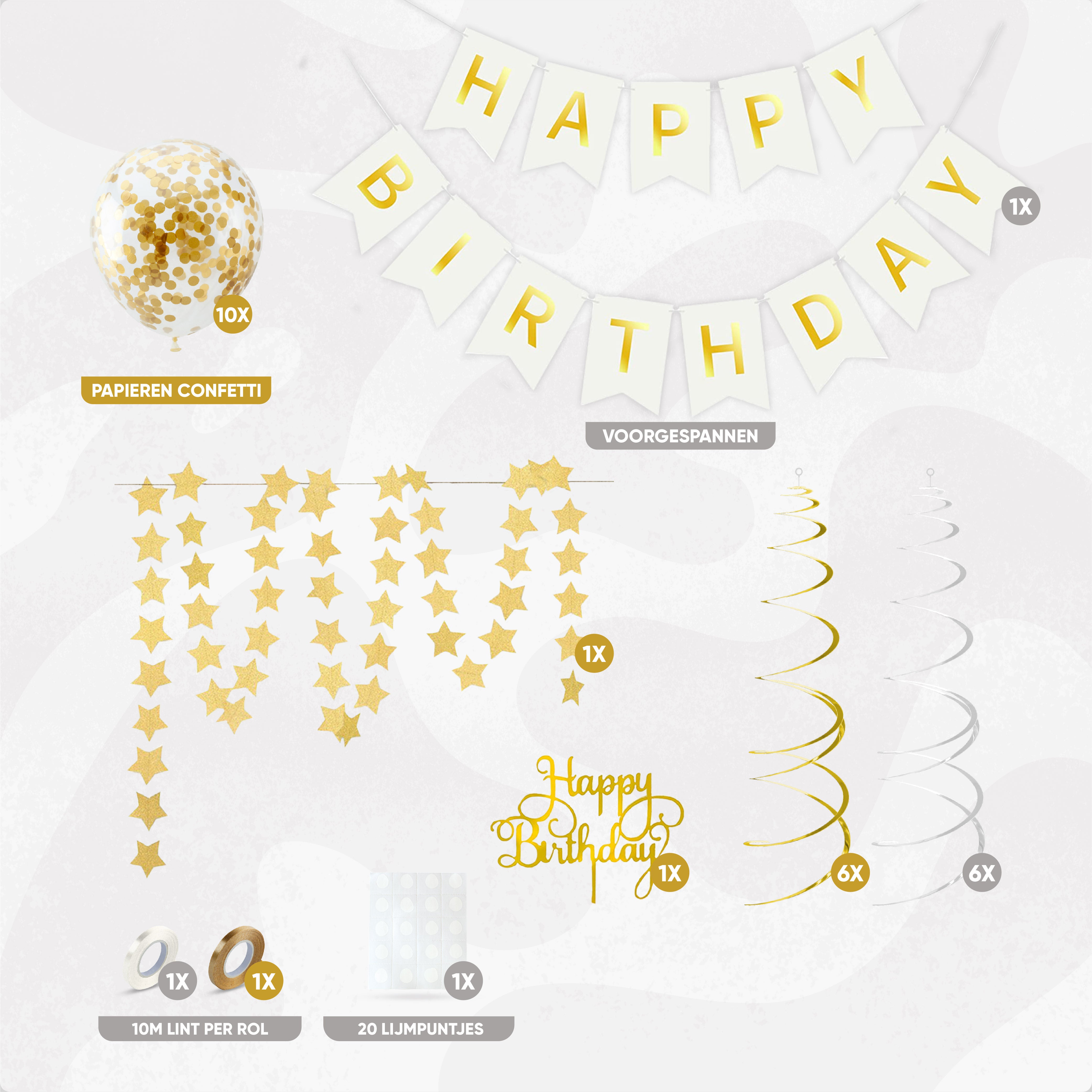 Happy birthday Verjaardag Slinger & Ballonnen Wit & Goud