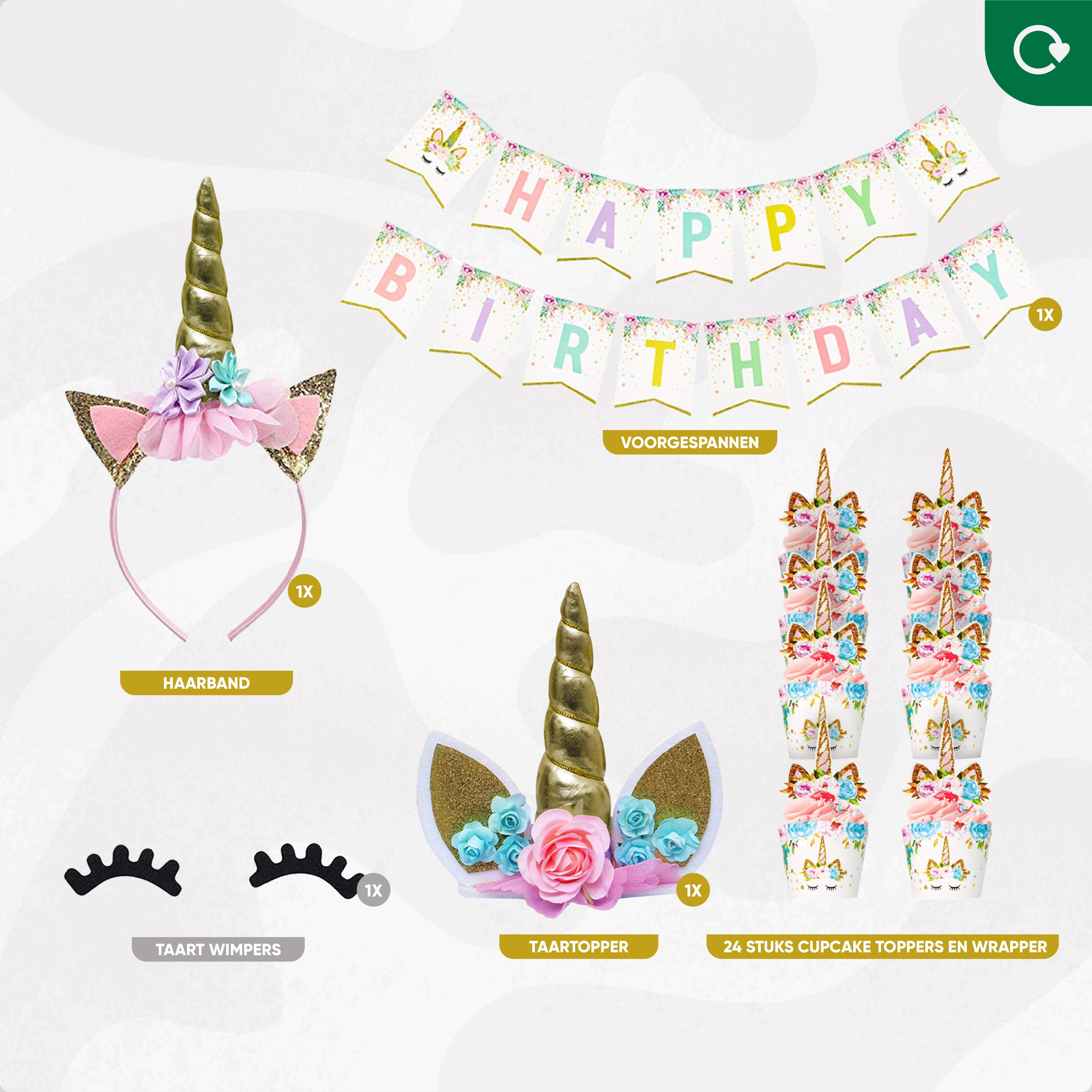 Gouden Eenhoorn Taarttopper & Slinger Set