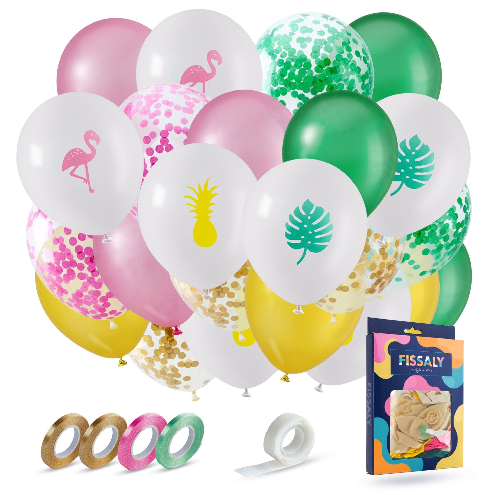 40 Stuks Tropische Hawaii Ballonnen Groen, Roze, Geel & Wit