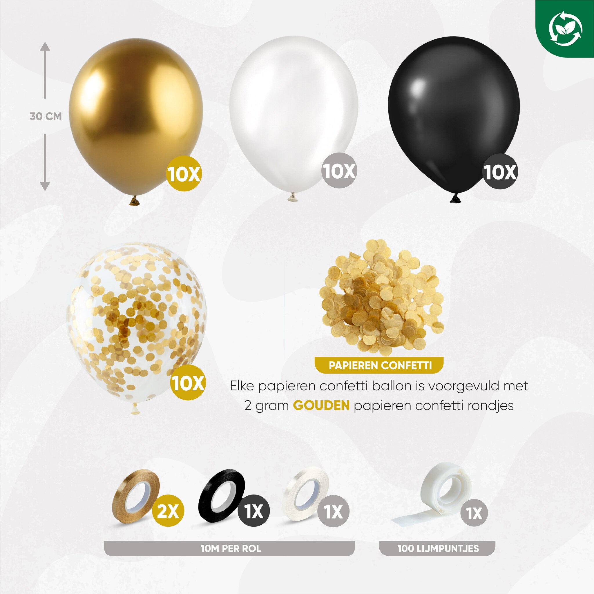 40 Stuks Zwart, Goud, Wit & Confetti Goud Ballonnen