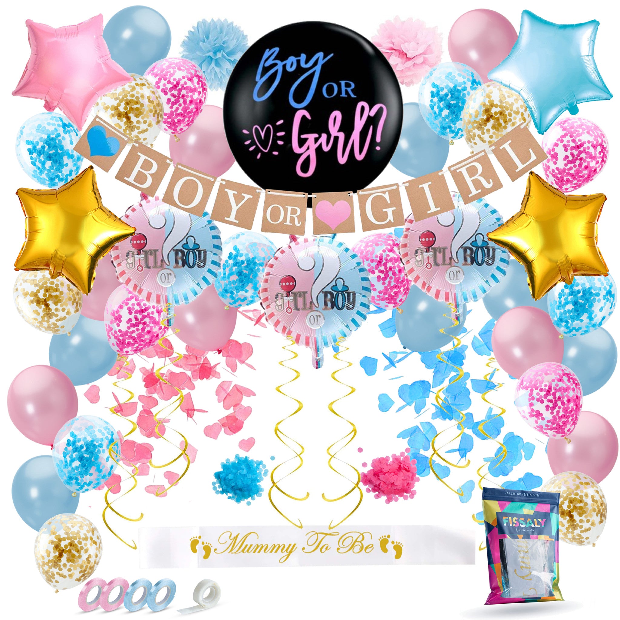 Gender Reveal Feestpakket Medium Roze, Blauw & Goud