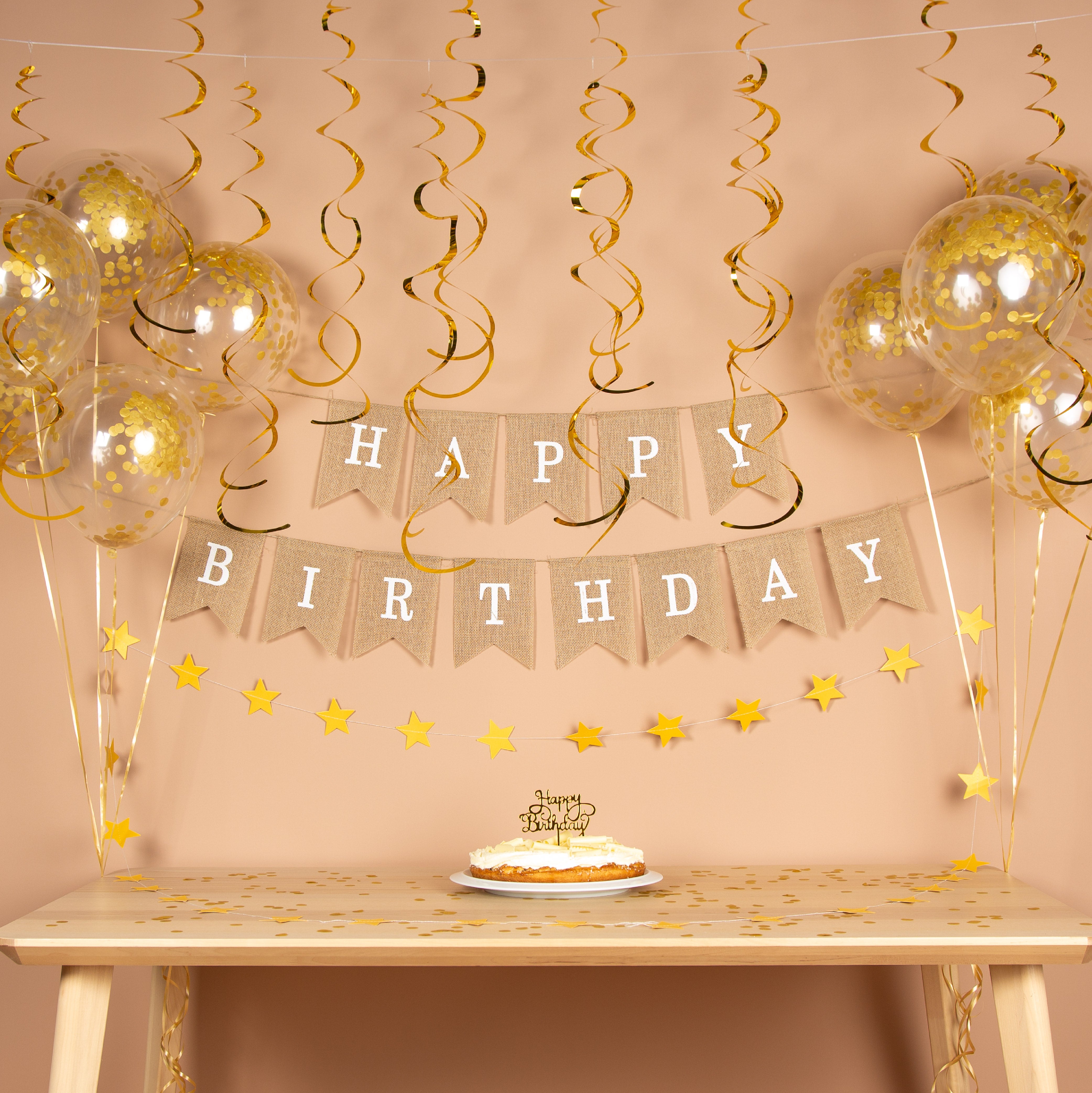Happy birthday Verjaardag Slinger & Ballonnen Jute & Goud