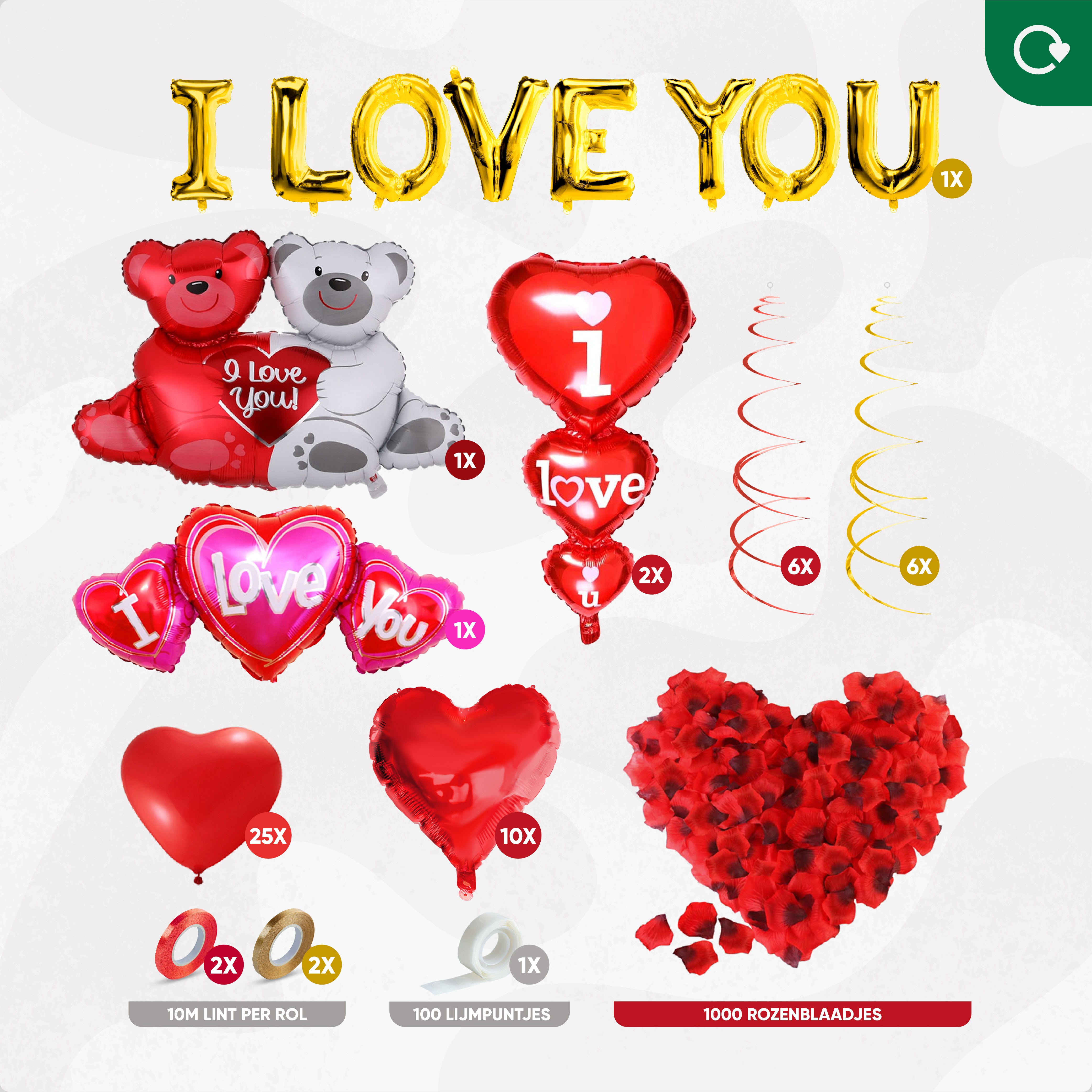 I Love You Valentijn & Liefde Feestpakket Rood & Goud