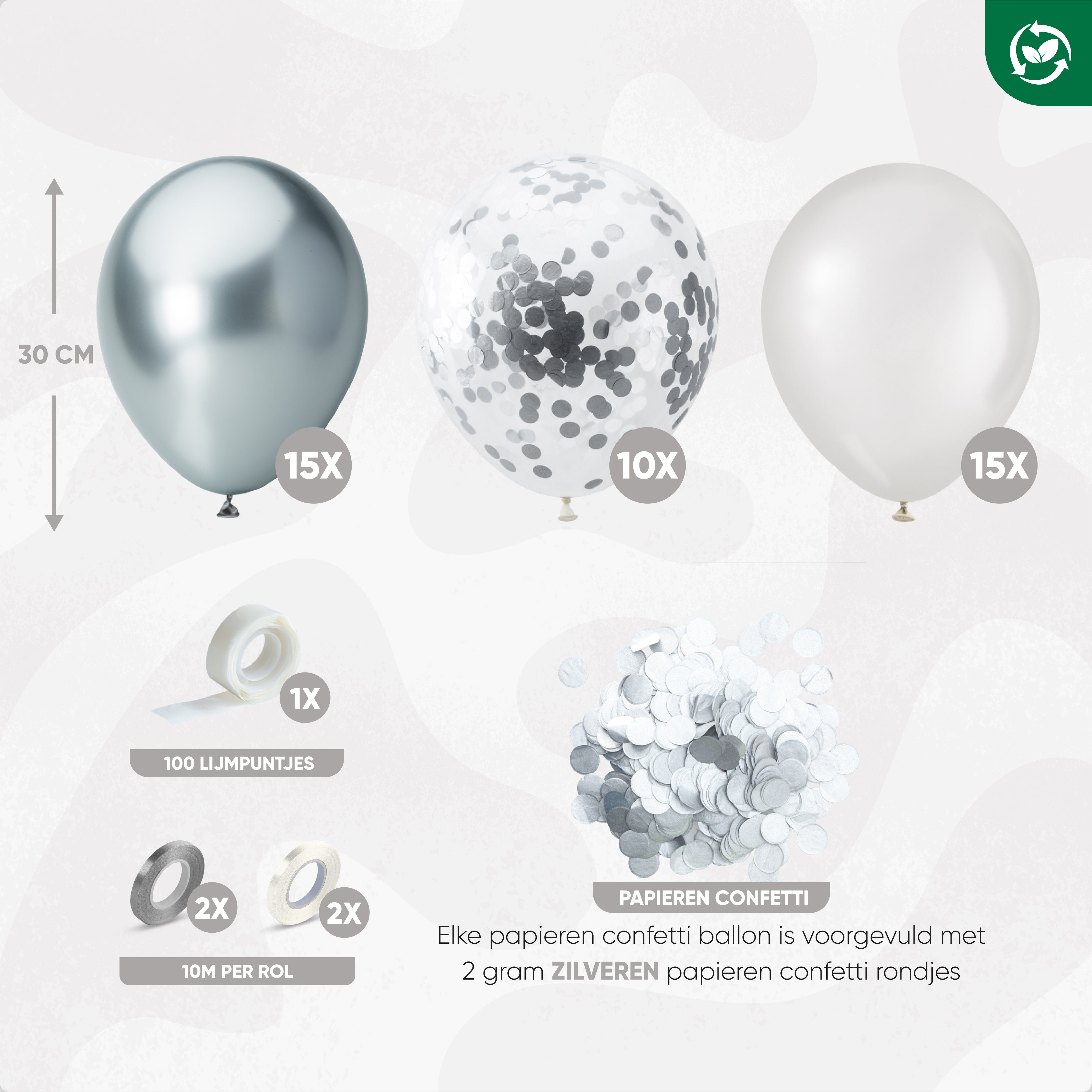 40 Stuks Zilver, Wit & Zilveren Confetti Ballonnen