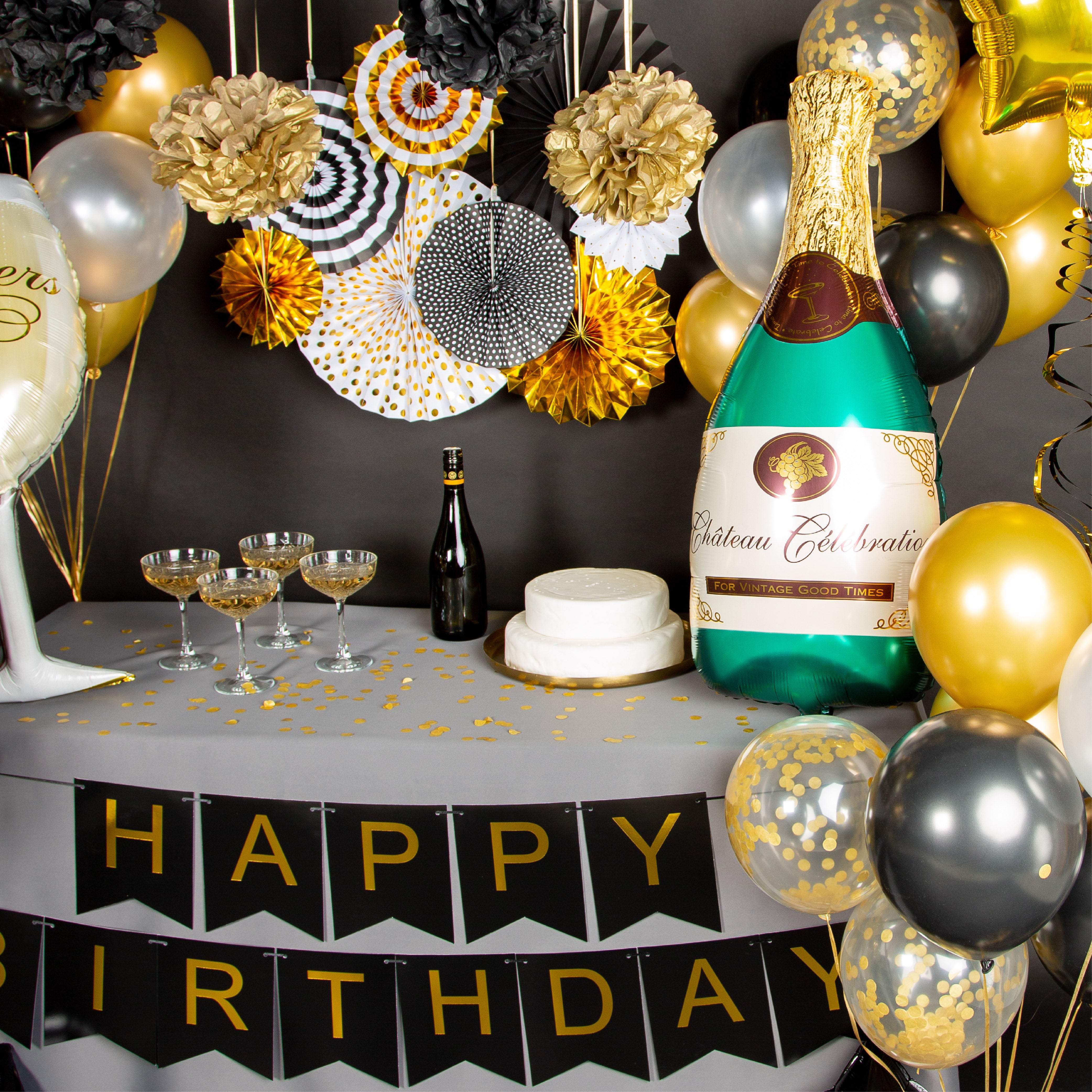 Happy Birthday Champagne Verjaardag Feestpakket Zwart, Goud & Wit