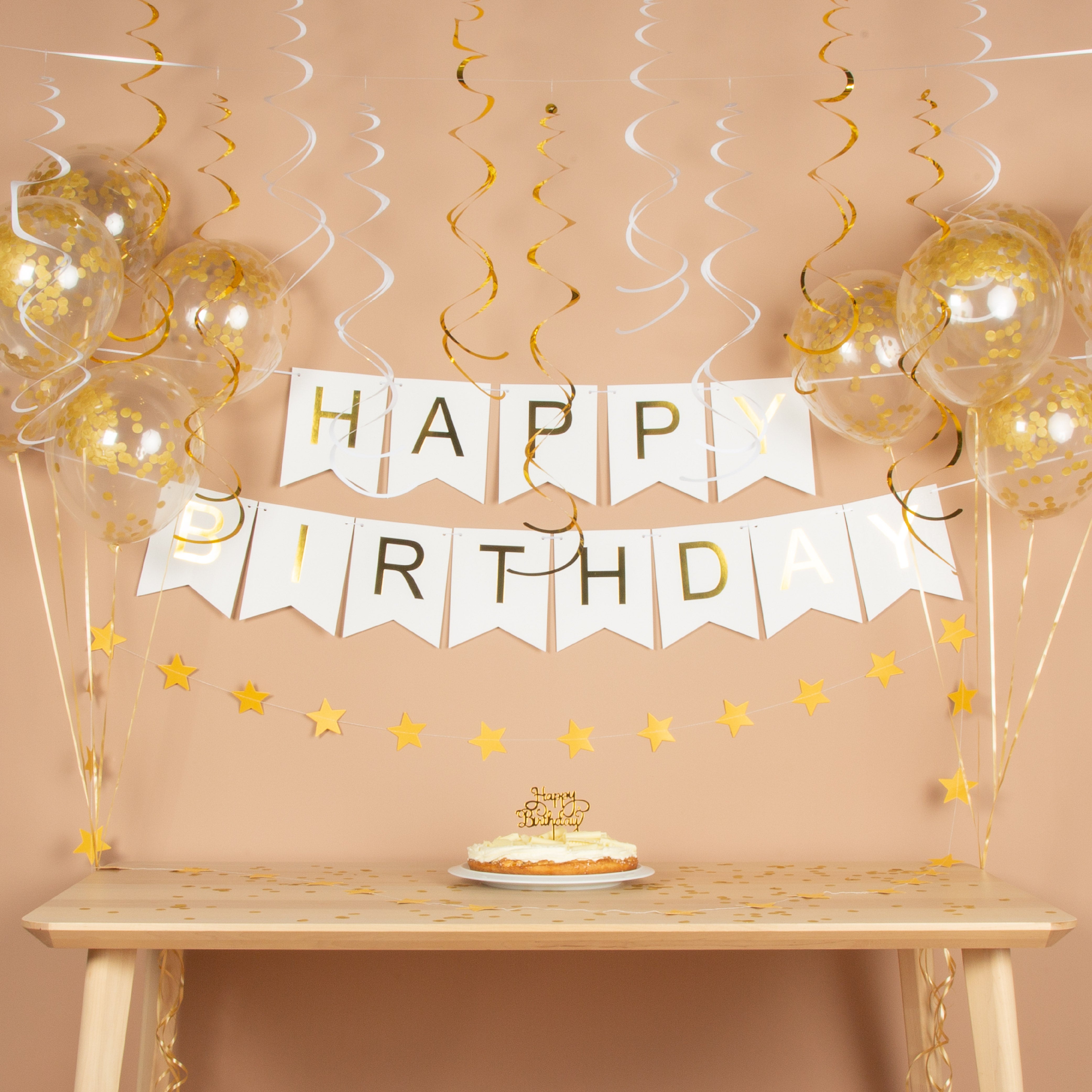 Happy birthday Verjaardag Slinger & Ballonnen Wit & Goud
