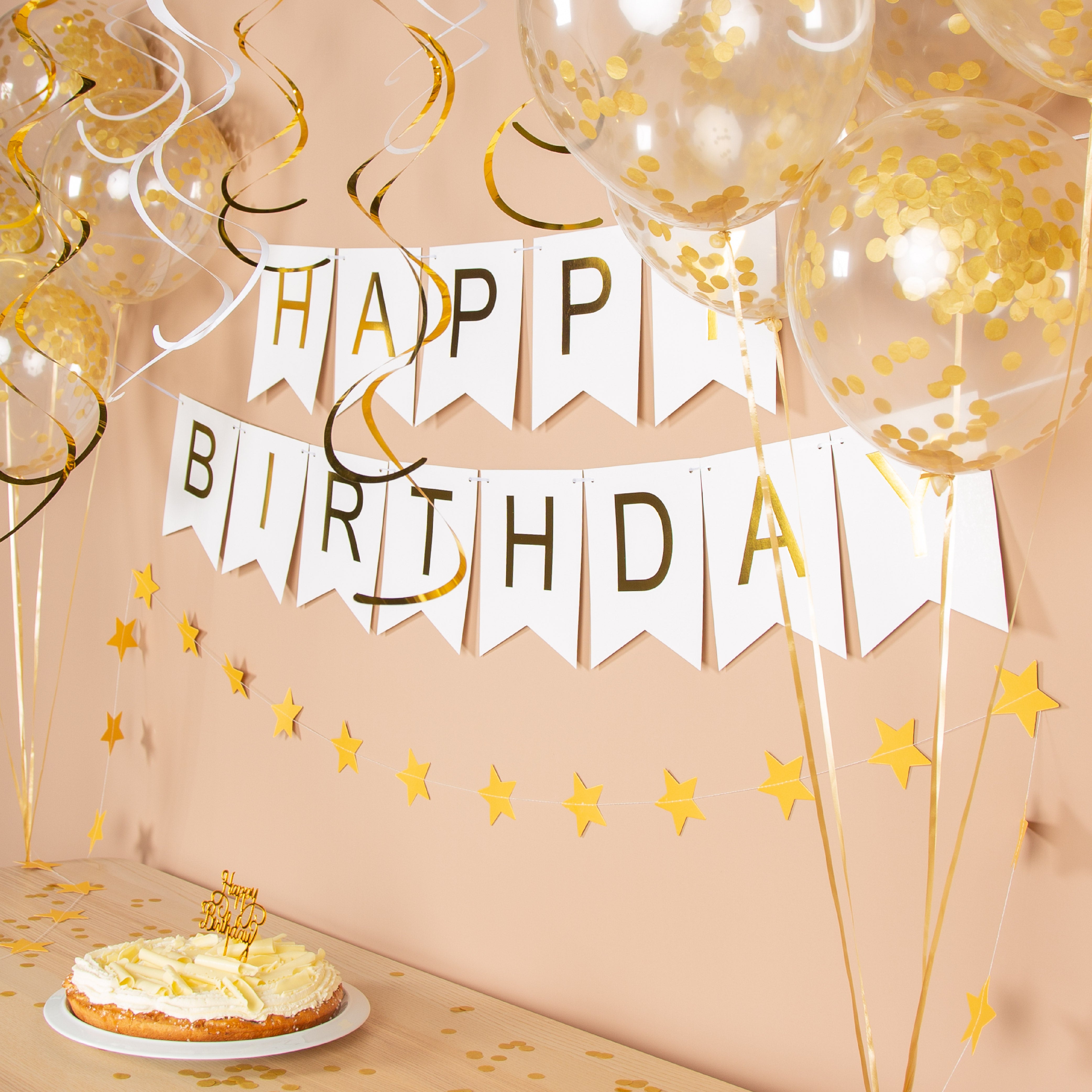 Happy birthday Verjaardag Slinger & Ballonnen Wit & Goud