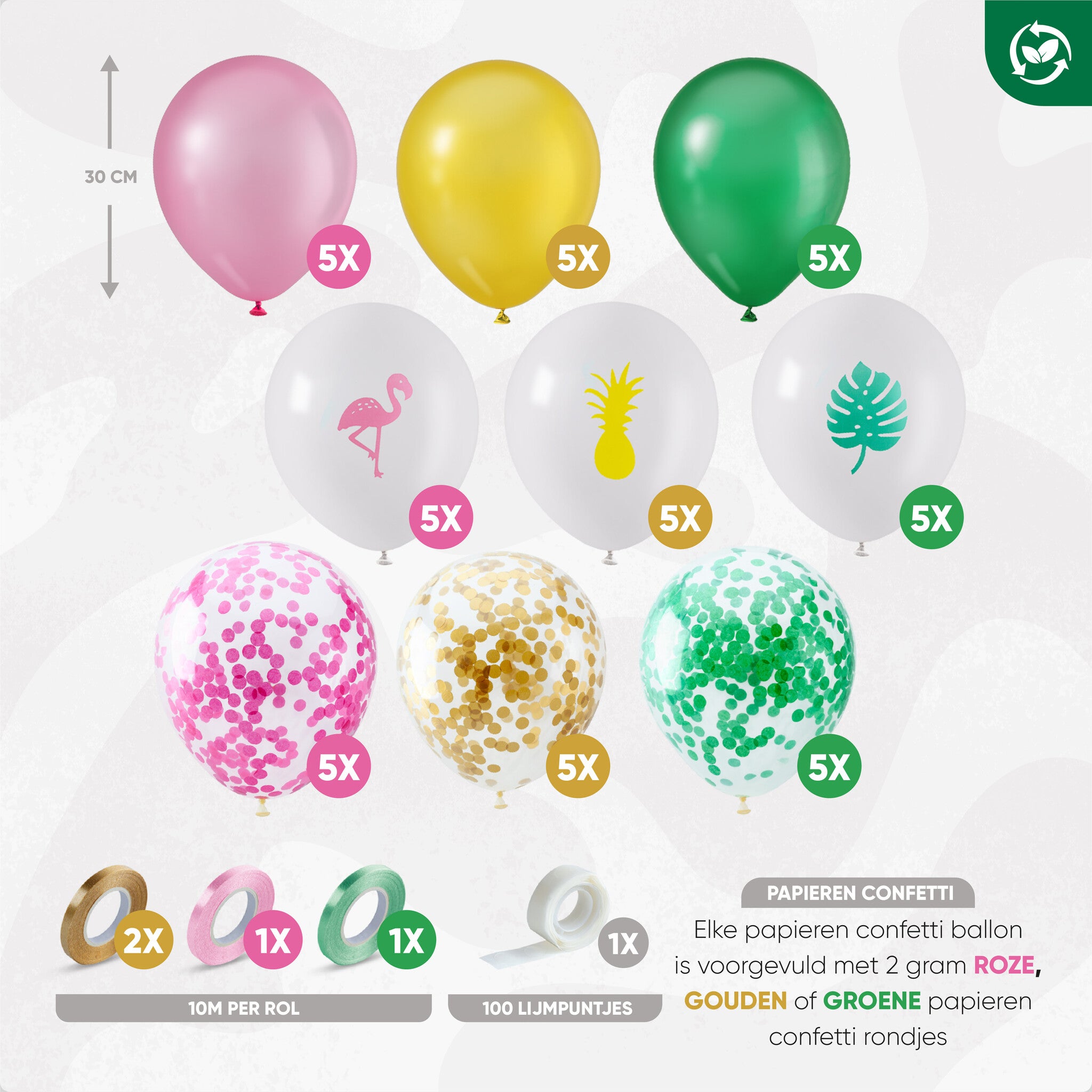 40 Stuks Tropische Hawaii Ballonnen Groen, Roze, Geel & Wit