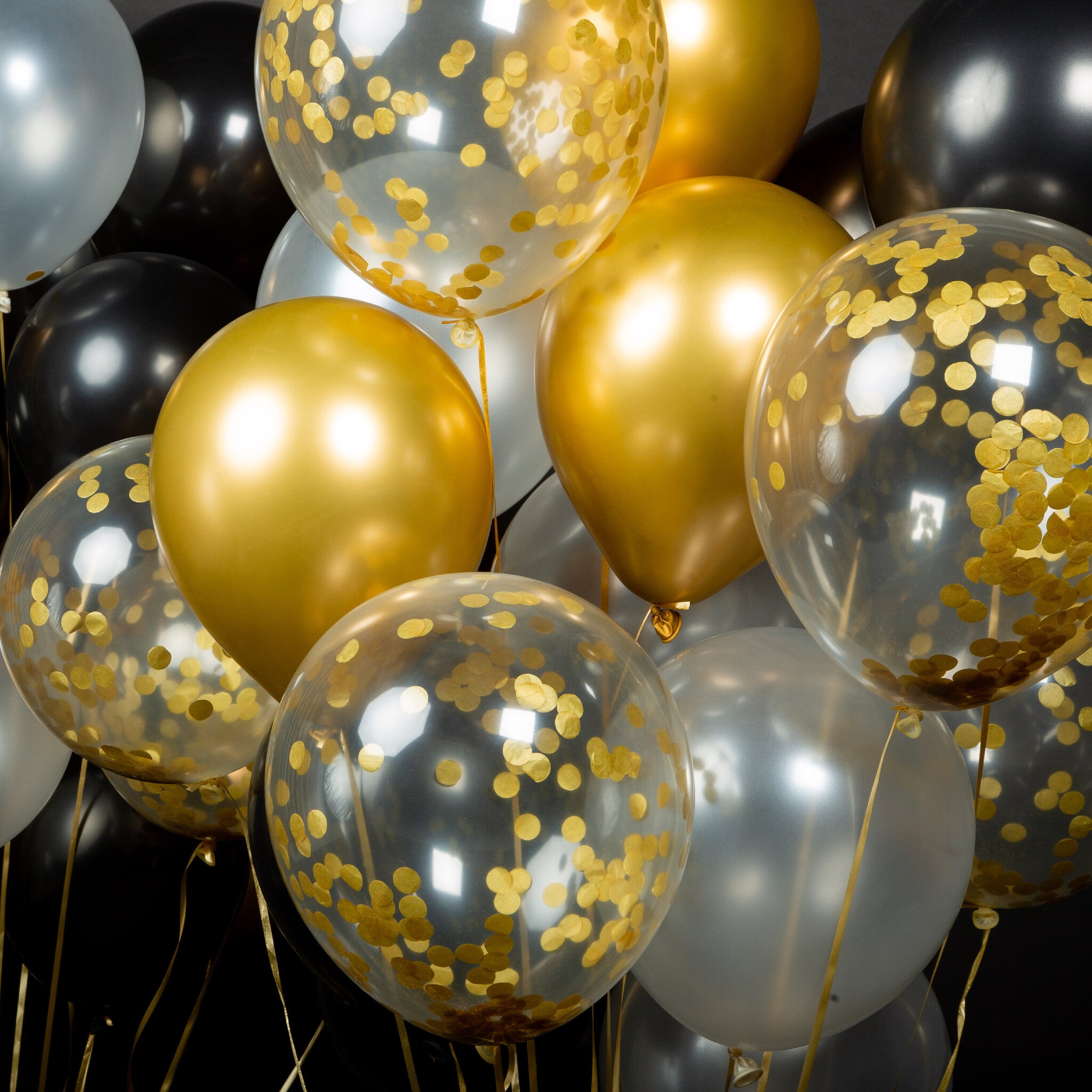 40 Stuks Zwart, Goud, Wit & Confetti Goud Ballonnen